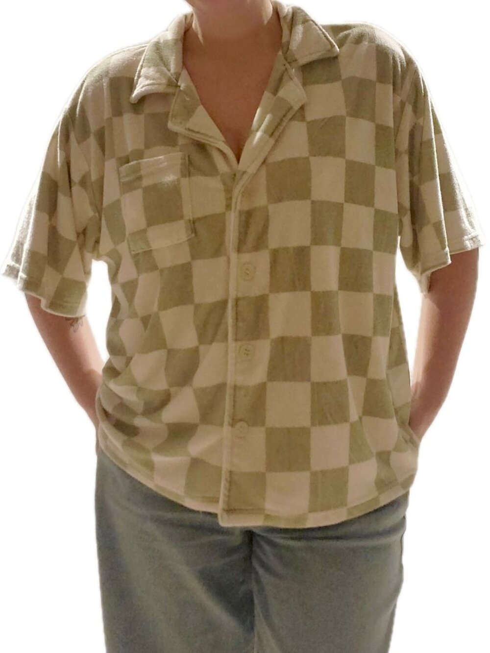 ONA Green White Checker Terry Oversized Button Down